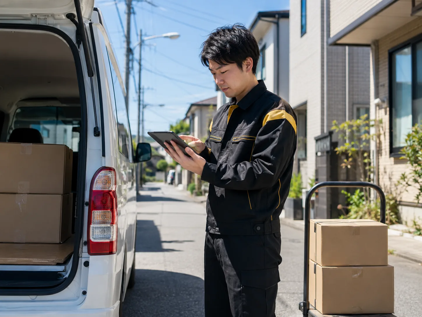 配送先で端末を操作するJUNGLEのドライバーと軽バン
